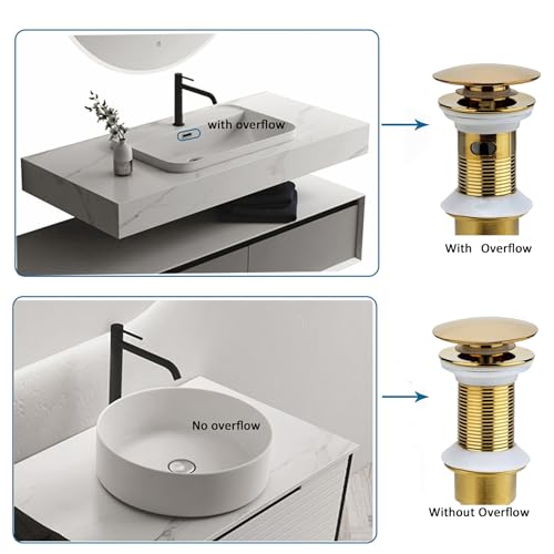 Rockgoya Bathroom Sink Drain, 2 Pack Gold Drain Stopper Bathroom Sink Without Overflow, Pop Up Drain Assembly with Detachable Strainer Basket, Built-in Anti-Clogging Strainer,Stainless Steel - color: Gold-2 Pack, style: Without Overflow
