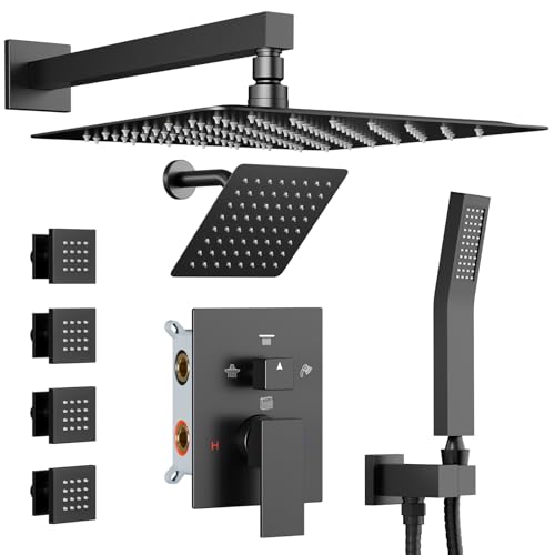 Shower Systems with 4 Body Spray Jets, STARBATH 4 Way 12+6" Rainfall Shower Head with Handheld Combo, Wall Mounted Shower Jets System Shower Faucet Sets Complete, Matte Black - color: Matte Black, size: 6"+12"-02