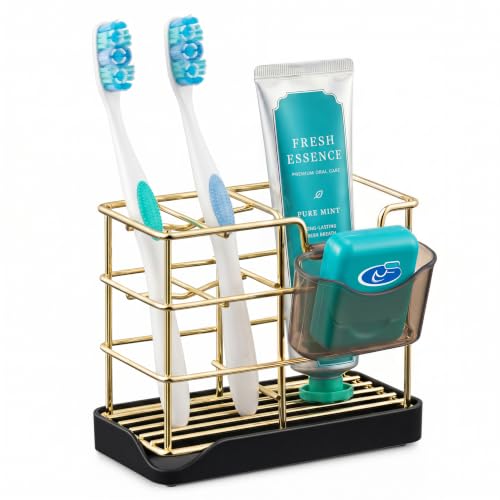 HBlife Toothbrush Holders for Bathrooms Gold, Small Stainless Steel Bathroom Toothbrush Holder with Tray, Bathroom Accessories and Apartment Essentials - color: Gold
