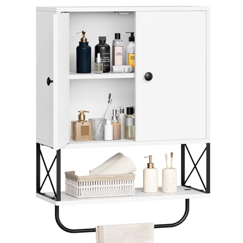 MAHANCRIS Bathroom Wall Cabinet with 2 Door and Adjustable Shelf, Farmhouse Medicine Cabinet with Towel Rack, 3-Tier Wall Mounted Storage Cabinet Over The Toilet for Bathroom, 18.9" L, White - color: White, size: 18.9"l X 7.9"w X 26.1"h
