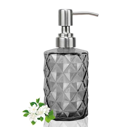 12Oz Gray Glass Soap Dispenser, Liquid Hand Bottle, Stainless Steel Pump | Refillable Clear Kitchen Soap Dispenser with Diamond Design, for Hand soap, Dish Soap, Lotion, Bathroom, Countertop, Hotel - color: Diamond Gray