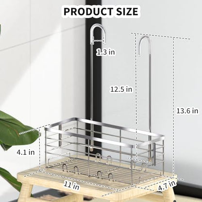SHANSHUI Shower Hanging Caddy, Bathroom Shower Organizer Basket, Shampoo Bracket, Over Door Showers Rack with Hooks, 304 Stainless Steel Rustproof - size: 11"D x 4.7"W x 13.6"H