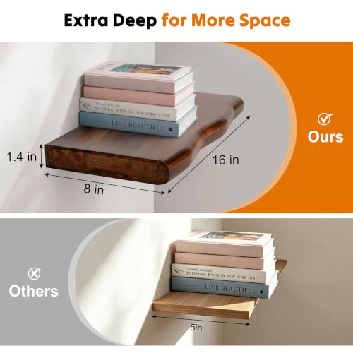 Solid Wood Live Edge Floating Shelves Set of 2 – 16" Rustic Wall Shelf with Hidden Bracket System, Wall Mounted Shelves for Bathroom, Kitchen, Living Room, Bedroom (Walnut) - color: Walnut, size: 16inch