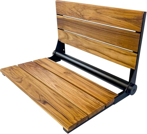 Teak Shower Seat Bench with Back, Matte Black, 300 lb, 18 in | Wall Mounted Fold Up Shower Seat, Waterproof Folding Teak Bath Chair, 304 Stainless Steel Frame, For Seniors - color: Matte Black, size: 18 Inch
