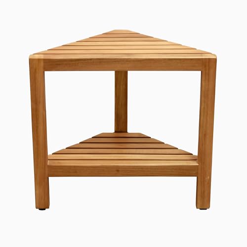 Asta Aris Solid Teak Indoor Outdoor Shower/Bath/Spa Corner Stool with Shelf, Fully Assembled, TB-011A