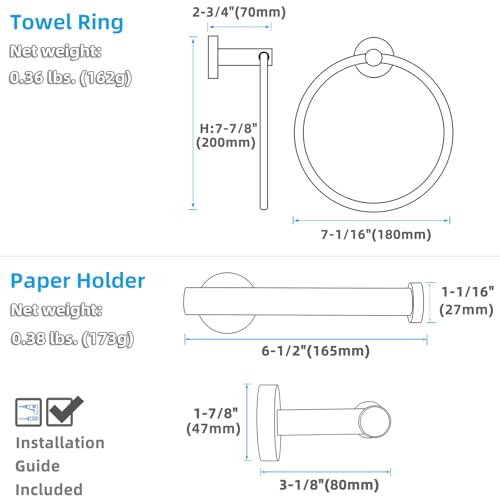 Matte Black 2-piece Bathroom Hardware Set, Solid Stainless Steel | Rust-resistant Bathroom Accessories Set for Bathroom Restroom Sink, Swivel Towel Ring, Toilet Paper Holder, Wall Mounted - color: Matte Black Round Shape