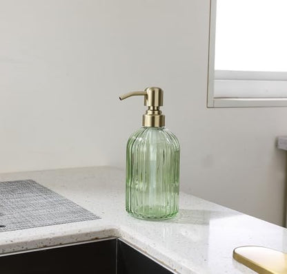 16Oz Green Glass Soap Dispenser with Rust Proof Stainless Steel Pump, Green Stripe Bathroom Hand Dish Lotion Dispensers with Brushed Gold Pump,Brushed Gold Glass Soap Dispenser - color: Brushed Gold + Green, size: 1-Pack