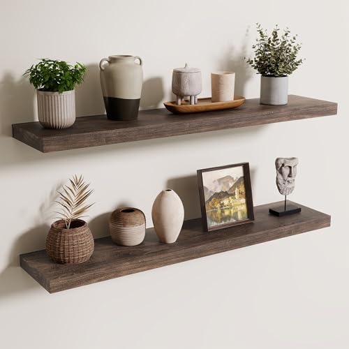 Axeman Floating Shelves for Wall, 8 Inch Deep Rustic Solid Elm Wood Wall Shelves for Storage, Wall Mounted Display Shelving with Invisible Heavy-Duty Metal Bracket, 36'' Width Set of 2, Walnut - color: Walnut With Flat Edge, size: 36 inches - 2P