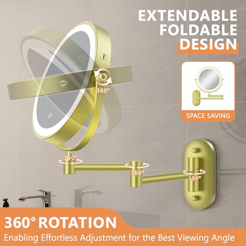Auxmir 1X/30X Wall Mounted Makeup Mirror, 8" Rechargeable Magnifying Mirror | double-sided button, 3200mAh, 3 dimmable colors, 360° rotation, extended arm, 30X magnification, bathroom, gold - color: 8'' 30x-gold