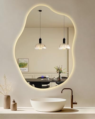 LED Bathroom Mirror 35"x25" Irregular Backlit Mirror | Cloud Shape, Tempered glass, Anti Fog, 3 Color, Dimmable, Vertical/horizontal mount for Large Vanities, Reinforced packaging - size: 35"L x 25"W