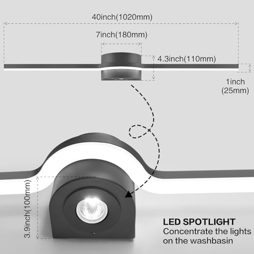 Bathroom Vanity Light Over Mirror– 40 Inch Black Vanity Lighting Fixtures LED Dimmable 6000K Bright White with Extra Downlight 22W 1760lm Matte Black - size: 40 Inch