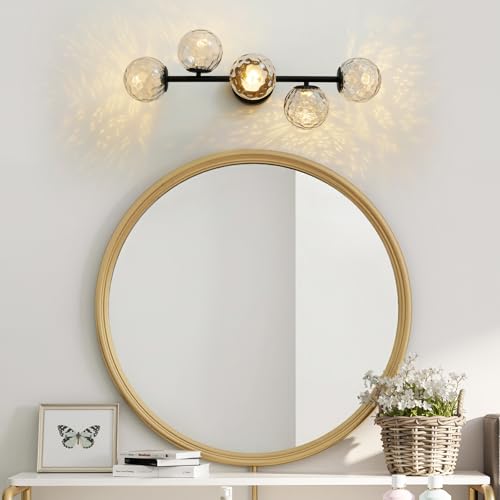 LED Bathroom Vanity Light Fixtures,Modern Black Makeup Bathroom Lighting | 5 Lights Hammered Clear Globe Glass Wall Sconce,Dimmable Mid Century Modern Bubble Glass Bathroom Vanity Lights over Mirror - color: Black Hammered Glass, size: Integrated LED