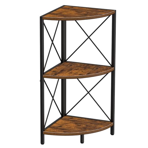 Snughome Corner Shelf with Metal Frame, 3 Tier Rustic Corner Storage Organizer, Freestanding Corner Bookshelf Stand Display Rack for Kitchen, Living Room - color: Rustic Brown, size: 3-Tier