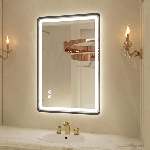 20"x 28" LED Bathroom Mirror with Black Framed, Front and Backlit, Lighted Bathroom Mirror for Wall with Stepless Dimmable, Anti-Fog, Memory, 3 Colors, Round Corner LED Vanity Mirror with Lights - color: Black, size: 20"L x 28"W