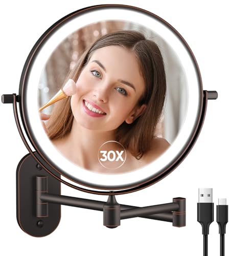 5000mAh Rechargeable Wall Mounted Lighted Makeup Mirror Double Sided 1X30X | Magnifying Bathroom Mirror, 3 Color Lighting, Touch Dimming, Extended Arm 360 Rotation Light up Mirror Antique Bronze - color: Antique Bronze