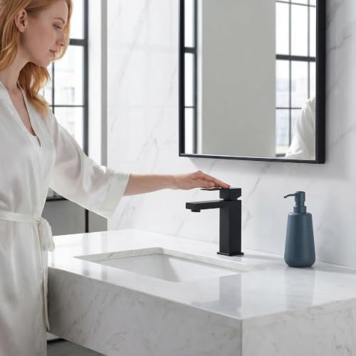 Matte Black Bathroom Faucet, Modern Single Handle Square Bathroom Sink Faucet with Pop Up Drain Assembly, Stainless Steel Vanity Bathroom Faucets, Single Hole Deck Mount,BF011B - color: S-Matte Black, style: Short