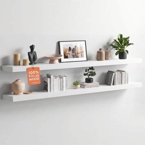 Floating White Shelf 60 inches, High End Solid Real Wood 60inch Long Floating Shelves for Wall Mounted, White Wooden 60in Floating Shelves, Heavy Duty Bracket, 60 X 6.5 X 1.75 inch, Set of 2 - color: Classic White - Soft Neutral Satin, size: 60 inch