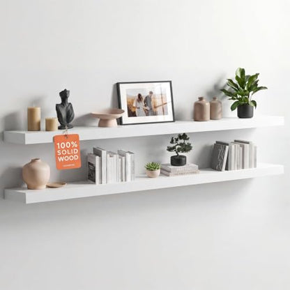Floating White Shelf 60 inches, High End Solid Real Wood 60inch Long Floating Shelves for Wall Mounted, White Wooden 60in Floating Shelves, Heavy Duty Bracket, 60 X 6.5 X 1.75 inch, Set of 2 - color: Classic White - Soft Neutral Satin, size: 60 inch