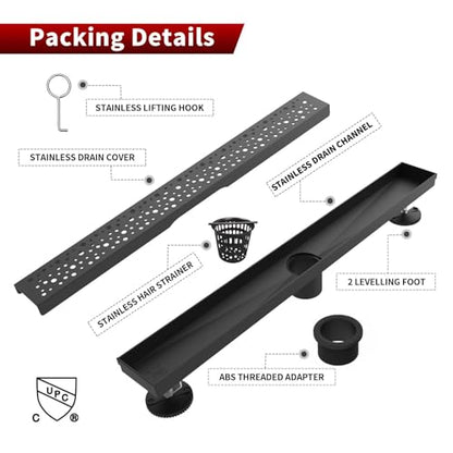Sharp-tec Shower Drain, 32 inch Linear Shower Drain, Matte Black 304 Stainless Steel Rectangular Shower Floor Drain with Adjustable Leveling Feet, Hair Strainer, cUPC Certified, ST-099-32B - color: Matte Black, size: 32 inch