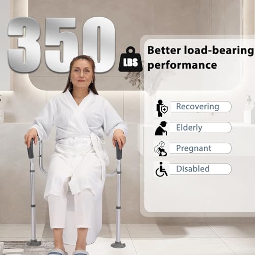 Toilet Safety Rail for Seniors, Toilet Grab Bars for Seniors and Disabled, Toilet Handles for Elderly with Adjustable Width and Height, 350 lb Weight Capacity | Fits standard and elongated toilets; non-slip foam grips and tool-free setup using existing se
