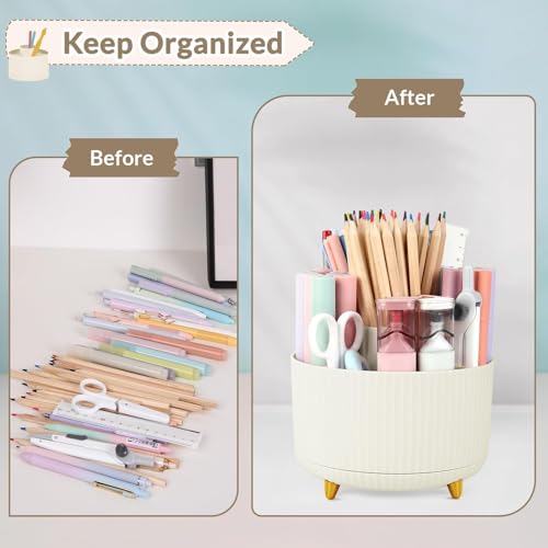 SKYDUE 360 Rotating Plastic Desk Pen Organizer with 5 Slots, Dual-Purpose Art Supply Pencil Cup for Office, School, Home - color: Beige_1Pack