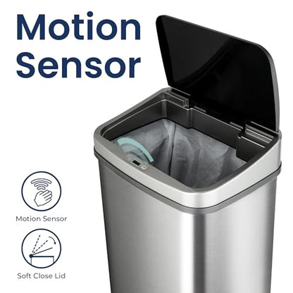 Ninestars DZT-50-28BR Automatic Touchless Motion Sensor Rectangular Trash Can, Black Top, 13 Gal. 49 L., Brush - color: Silver & Black
