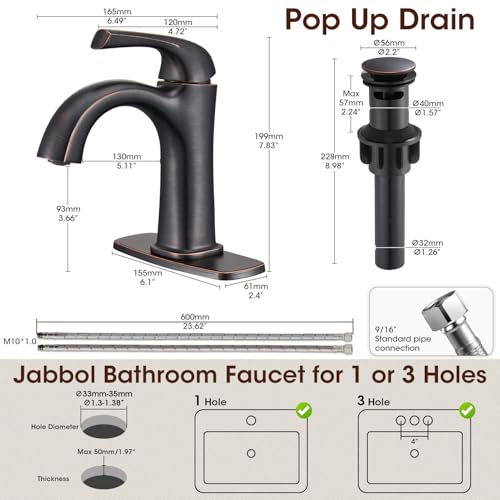 Oil-Rubbed Bronze Single Hole Bathroom Faucet, Single Handle Brass Bathroom Sink Faucet, Bathroom Sink Faucet for 1 or 3 Holes, Bathroom Faucets with Pop Up Drain and Supply Lines - color: A-Oil-Rubbed Bronze