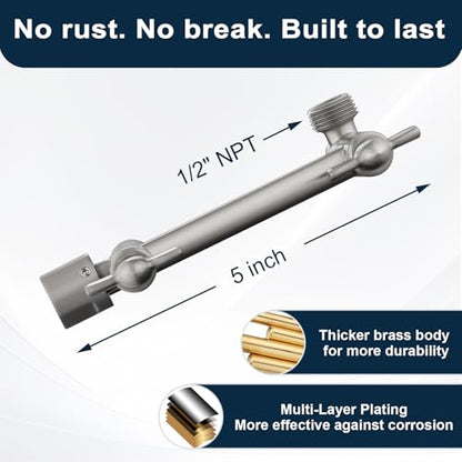 BRIGHT SHOWERS Brass Shower Arm Extender for Rain and Handheld Shower Head, 5 Inch Universal Shower Head Extension Arm, Height & Angle Adjustable, Brushed Nickel - color: Brushed Nickel, style: 5 Inch