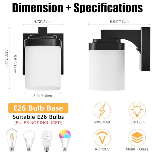4.72 Inches Bathroom Vanity Lights, 1-Light Black Bathroom Llight Fixtures Over Mirror with Milky White Square Glass Shade, Modern Farmhouse Bathroom Wall Lamp, Wall Sconces Set of Two - color: Black, size: 4.7 Inch : 1-light
