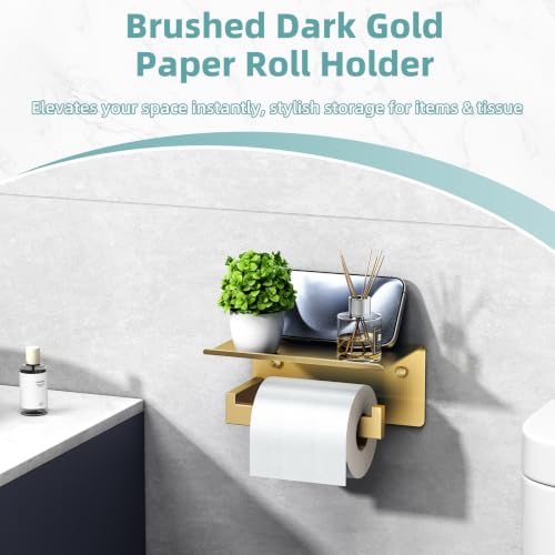 Brushed Dark Gold Toilet Paper Holder with Shelf, Wall Mounted | Rustproof 304 Stainless Steel, Functional Paper Roll and Phone Storage, Fits Bathroom, Restroom, Vanity, Kitchen - color: Brushed Dark Gold, size: Single Rod