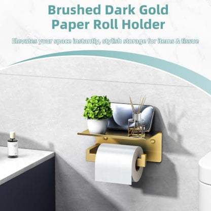 Brushed Dark Gold Toilet Paper Holder with Shelf, Wall Mounted | Rustproof 304 Stainless Steel, Functional Paper Roll and Phone Storage, Fits Bathroom, Restroom, Vanity, Kitchen - color: Brushed Dark Gold, size: Single Rod