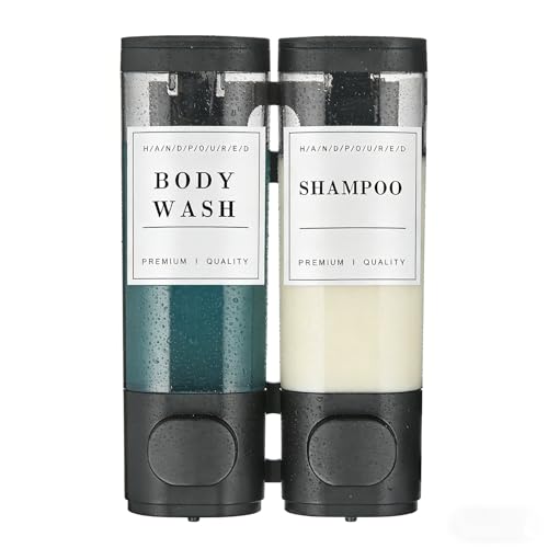 Shampoo and Conditioner Dispenser Bathroom Shower Soap Dispenser Wall Mounted Shampoo Dispenser for Shower Wall No Drill 2 * 300ml Black 2 Chamber with Waterproof Labels - color: Black 2