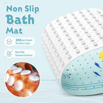 Baby Bath Mat for Tub Non Slip Kids, BPA Free Extra Long Bathtub Mat 40x16 with Drain Holes and 200 Suction Cups, Non Toxic Machine Washable Toddler Bath Mat, Eco-Friendly Certified - color: Light Blue Summer Duck
