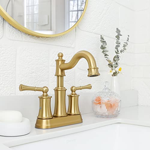 Roman Bathroom Sink Faucet Deck Mount or Wall Mount Installation Pop-up Drain Assembly with Overflow Deck Plate and Water Supply Lines Included (2 Hole Deck Mount, Brushed Gold) - color: Brushed Gold, style: 2 Hole Deck Mount