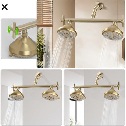 Double Shower Head with Manifold Shut-Off Valve,4 Function 2 Shower Sprayers For Couples Shower,High Pressure Dual Shower Heads Combo Set,Brushed Gold,AG1MG - color: Brushed Gold, size: 7.5