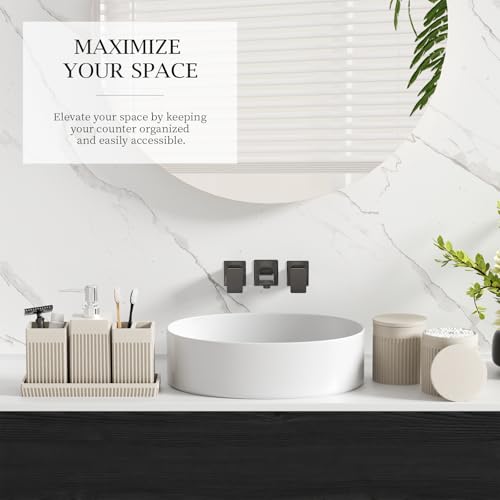 6-Piece Beige Bathroom Set - Sleek Resin Bathroom Accessories Set with Soap Dispenser, Toothbrush Holder, Vanity Tray, Tumbler & Apothecary Jars for Small Spaces - color: Beige