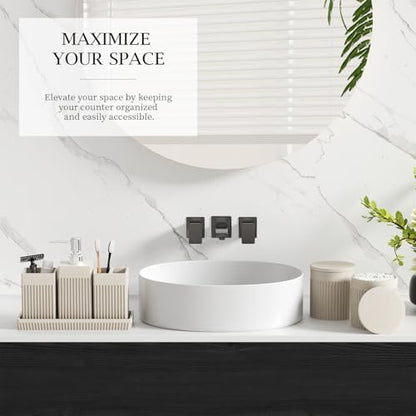 6-Piece Beige Bathroom Set - Sleek Resin Bathroom Accessories Set with Soap Dispenser, Toothbrush Holder, Vanity Tray, Tumbler & Apothecary Jars for Small Spaces - color: Beige