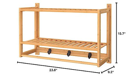 ClosetMaid Bamboo Wall Shelf with Towel Bar, 3 Hooks, Wall Mount Storage Shelves, 2 Tier, Organizer Rack, Natural Finish - style: 2-Tier