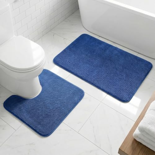 Muddy Mat® CloudStep Bathroom Rugs 2 Piece Set, Non Slip Bath Mats for Bathroom, Absorbent Memory Foam Chenille, Machine Washable Quick Dry Toilet Rug Set, Navy Blue 20"x30" + 20"x20" U-Shaped - color: Navy Blue