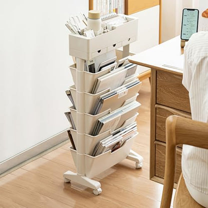 5 Tier Rolling Book Cart Multi-Functional Movable Storage Bookshelves | rolling bookshelf,Movable Storage Bookshelves with Lockable Wheels for Study Office Library Classroom, - color: Whtie