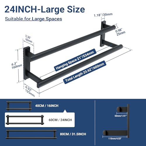 SAYAYO Double Towel Bar for Bathroom, 24 Inch Matte Black Bath Towel Rack Towel Holder Wall Mounted, SUS304 Stainless Steel - color: Matte Black, size: 24 Inch