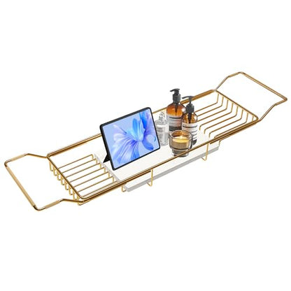 Bathtub Tray Stainless Steel with Marble Base Gold Bathtub Tray with White Marble Base Adjustable & Rustproof Bath Caddy for Spa, Relaxation, Bath Bombs - color: Gold