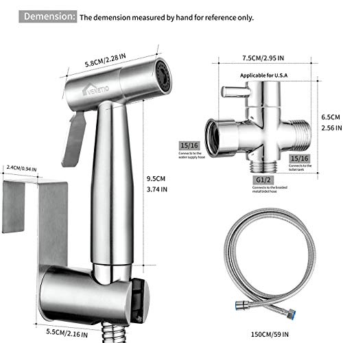 VENETIO Handheld Bidet Sprayer for Toilet Seat with Anti-leaking Hose, Toilet or Wall Mounted, Multi-function for Baby Cloth Diaper Sprayer, Shattaf Sprayer, Pets Shower - 304 Stainless Steel Material