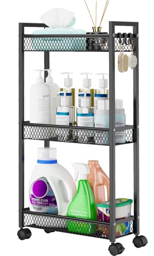 Slim Rolling Storage Cart, Metal 3 Tier Bathroom Storage Organizer Laundry Room Utility Cart for Kitchen, Bthroom, Makeup, Craft, Laundry Narrow Places, Black - color: Black