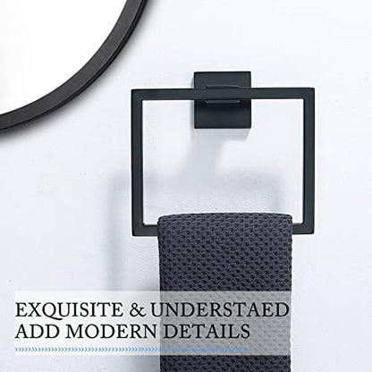 TQKAG Matte Black Towel Ring, Bathroom Hand Towel Holder, Wall Mount | 5.5 Inch, Square Towel Ring, SUS304 Stainless Steel, Easy Installation, Bathroom Kitchen Entryway Vanity Sink - color: Black