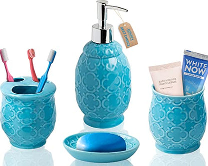 Comfify 4-Piece Bathroom Accessory Set - Ceramic Bath Set with Blue Glossy Finish - Modern Vanity Accessories Including Soap Dish, Tumbler, and Toothbrush Holder | Blue; 4-piece ceramic; Moroccan trellis embossed; dispenser, toothbrush holder, tumbler, so