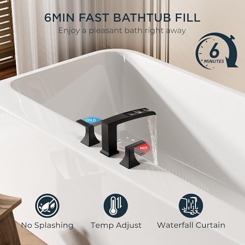 FORIOUS Roman Bathtub Faucet 3 Hole Deck Mount with 2 Handle Matte Black | Tub Faucet for 3-Hole Set, 6-12" Centered Distance, Widespread Garden Bath Tub, Waterfall Spout, High Flow, Brass - color: Matte Black