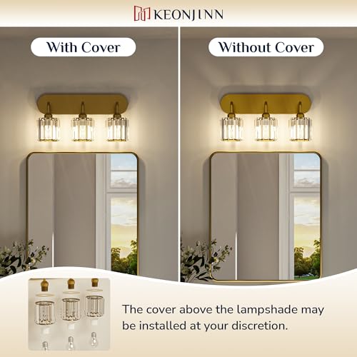 Keonjinn 3-Light Gold Bathroom Light Fixtures, Crystal Bathroom Vanity Lights Over Mirror, Gold Vanity Lighting Fixtures with Crystal Square Shades (E26 Base, Blub Not Included) - color: Gold, size: 3-Light