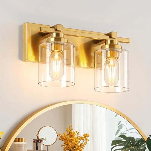 Modern Bathroom Light Fixtures Over Mirror, Vanity Lights for Bathroom Wall Sconces with Clear Glass Shades, E26 Socket (Bulbs Not Included), 2 Light, Brass - color: Brass - Clear Glass Shades, size: 2-Lights