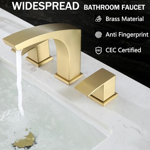 Brushed Gold 3 Hole 8 inch Widespread Bathroom Sink Faucet Modern | with Pop Up Drain and cUPC Supply Hose, 2 Handle 8 inch Brass Wide Spread Vanity Faucet, Restroom Basin Taps - color: Brushed Gold, size: 8 Inch Widespread